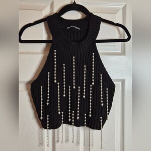 Zara Black Ribbed Crop Top with Pearl Droplet Detail